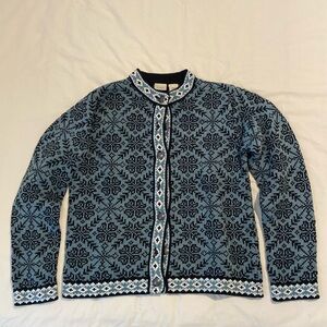 LL Bean Fair Isle Nordic Cardigan, Blue/Black, Sz. S